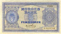 Norway 5 kroner series III 1945–1954 front